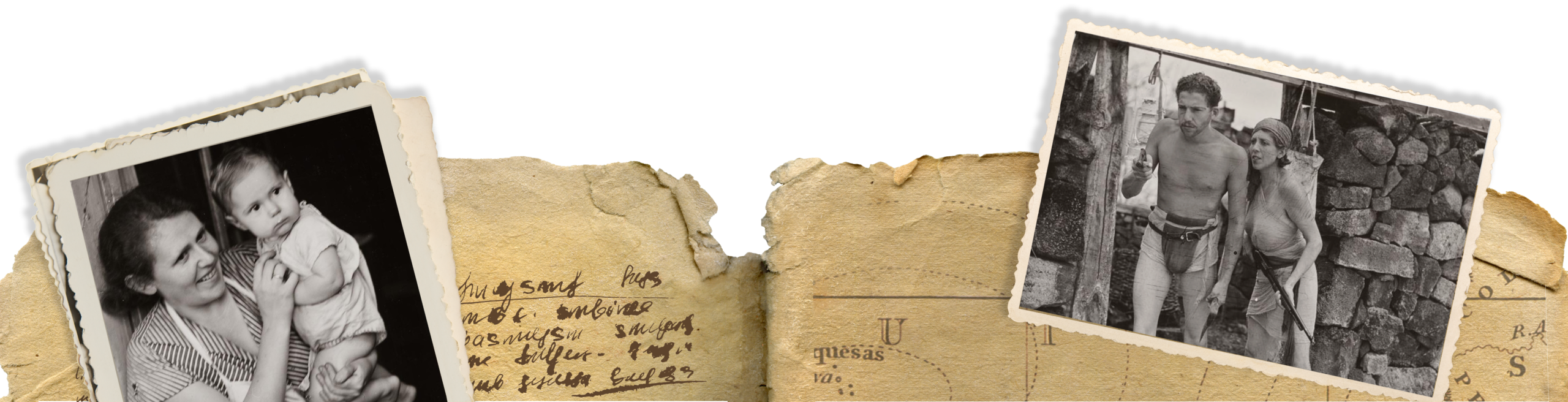 landing footer Aged documents with black and white photographs of a woman holding a baby and a man and woman dressed as pirates.